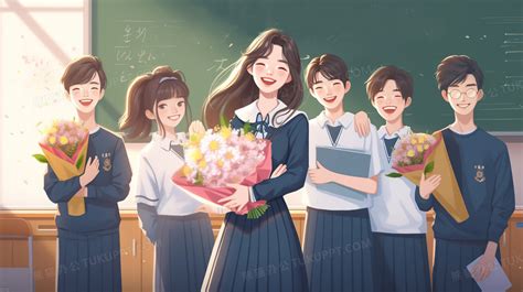 学生们在教室给老师送花合照创意插画图片素材下载格式熊猫办公