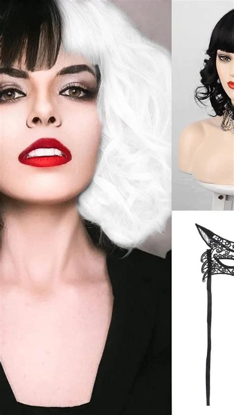 Aisi Beauty Black And White Wigs With Mask For Cruella Deville Costume Cosplay For Women Girls