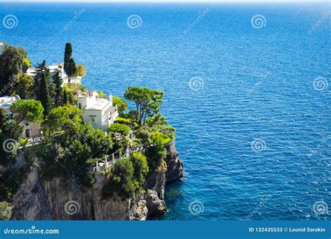 Italian House On A Cliff Near Tyrrhenian Sea Coast Amalfi Coast Stock