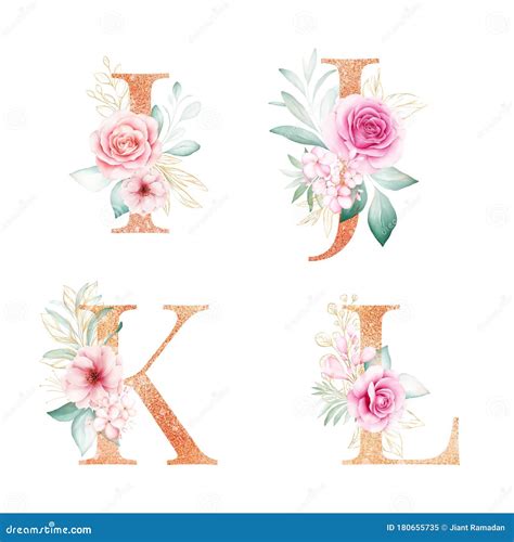 Watercolor Gold Floral Alphabet Set Of I J K L With Soft Flowers