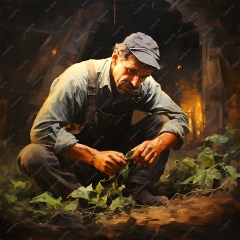 Premium AI Image | A weathered farmer tending to his sunlit field oil ...