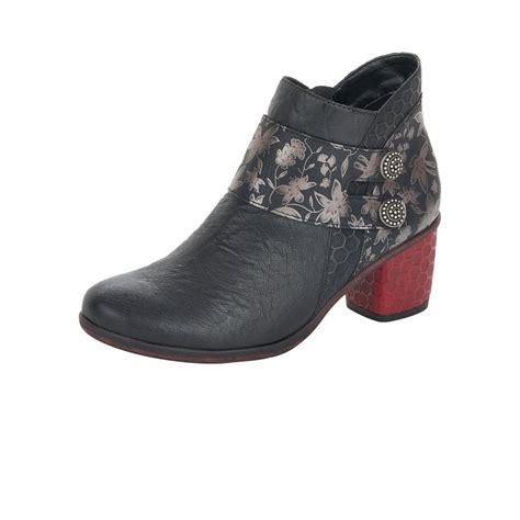 D5472 01 Black Leather Floral Ladies Ankle Boot