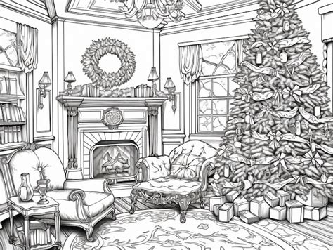 Premium AI Image | A drawing of a living room with a christmas tree and ...