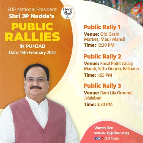 Bjp National President Shri Jp Nadda Will Address Public Rallies In Punjab On 15th February 2022