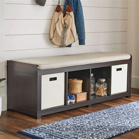 Long Entryway Bench With Storage Shelves Cubbies And Removable Beige Cushion | Interior Design Ideas