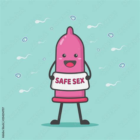 Illustration Of Cute And Kawaii Condom Mascot Character Showing Safe Sex Label Surrounded By