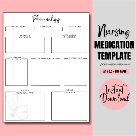 Pharmacology Nursing Template Nursing Student Printable Nursing School