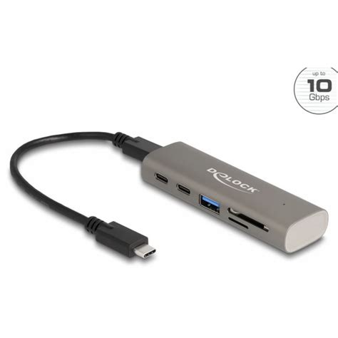 Delock 3 Portos Usb 10 Gbps Hub Beépített Sd és Micro Sd Kártyaolvasóval Valamint Usb Type C