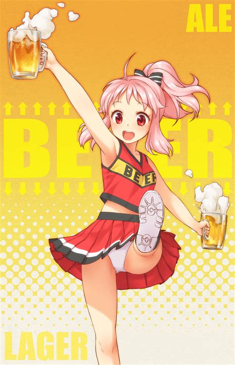 Safebooru 1girl D Ahoge Alcohol Anima Yell Arm Up Armpits Bangs Beer Beer Mug Blush Bow