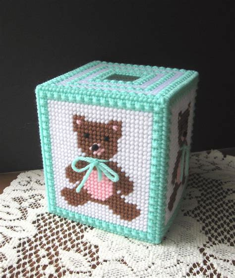 Teddy Bear Plastic Canvas Tissue Box Cover Mint Green Trim Etsy