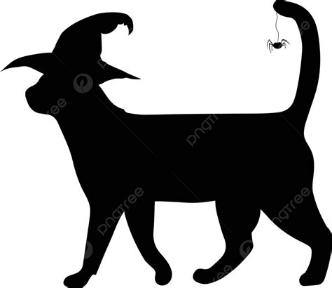 Silhouetted Black Cat Wearing A Witchs Hat Walking With A Spider On Its