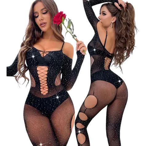 Macacão Arrastão Strass Abertura Lingerie Sensual Langerisex Parcelamento sem juros