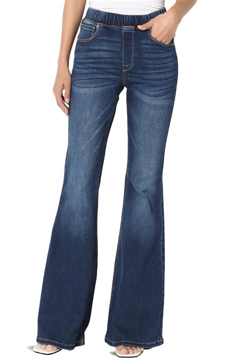 Themogan Womens Elastic Waist High Rise Stretch Denim Long Flare Leg Jeans