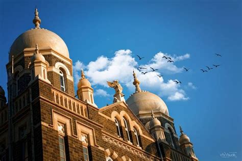 birds are flying in the blue sky above a large building with two domes ...