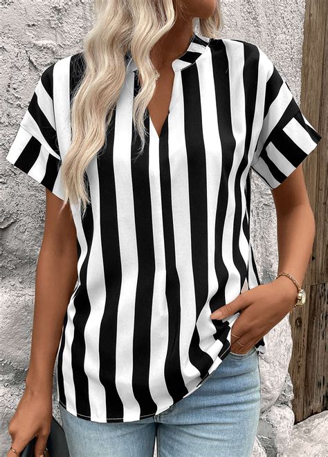 Black Patchwork Striped Short Sleeve Split Neck Blouse