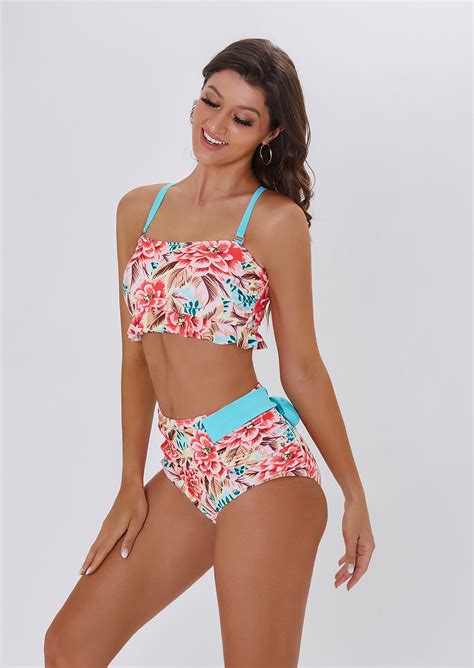 Pink Floral High Waisted Ruffle Bikini Set 43