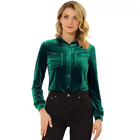 Womens Office Pocket Front Long Sleeve Button Down Velvet Shirt