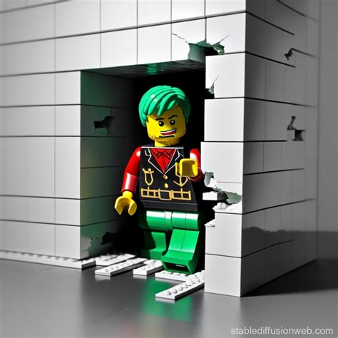 The Lego Figure Is Looking Down Through A Broken Lego Wall 3d Prompts