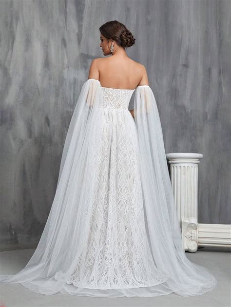 Off Shoulder Cloak Sleeve Lace Overlay Wedding Dress Shein Usa