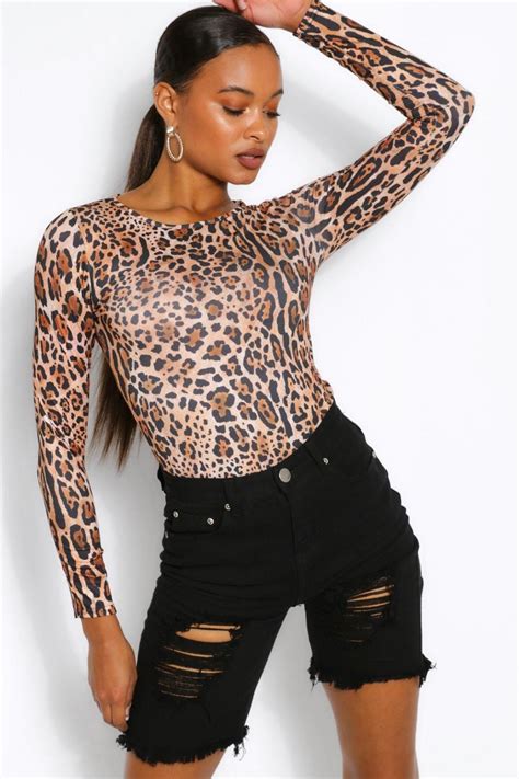 Leopard Print Scoop Neck Long Sleeve Top Boohoo Sheer Bodysuit