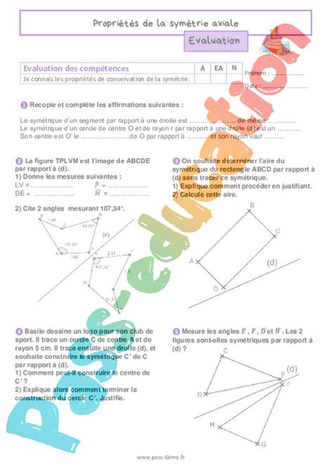 Propriétés de la symétrie axiale Evaluation de géométrie pour la 6ème