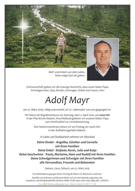 Todesanzeige Adolf Mayr Trauer Link