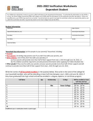 Fillable Online Verification Worksheets Dependent Student Fax