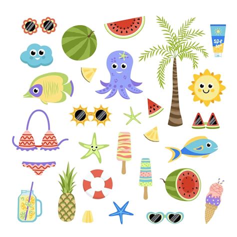 Premium Vector Summer Set With Cute Beach Elements Flat Cartoon Vector