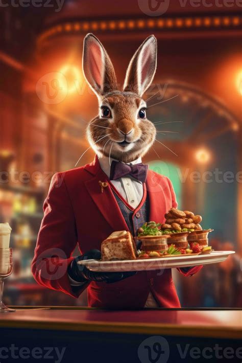 Bunny Hare Work In Cafe Fast Food Waiter Profession Realistic Humanized