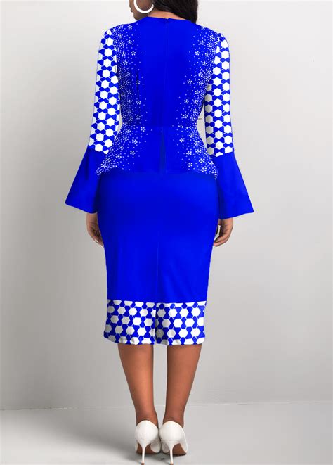 Rotita Fake In Geometric Print Royal Blue Bodycon Dress Rotita