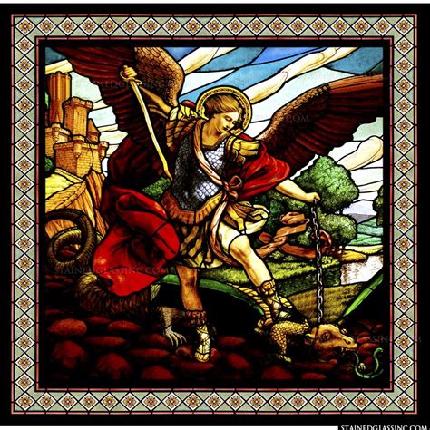 Saint Michael The Archangel Defeats The Devil Religious Stained Glass