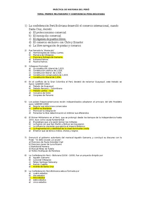 Práctica DE Historia DEL PERÚ Primer Militarismo CONF PERU Boliviana