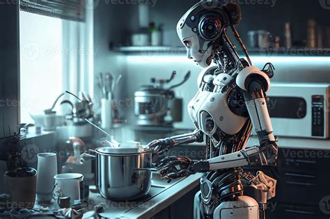 A female robot in the kitchen, a domestic helper. Housekeeper. 22771678 ...