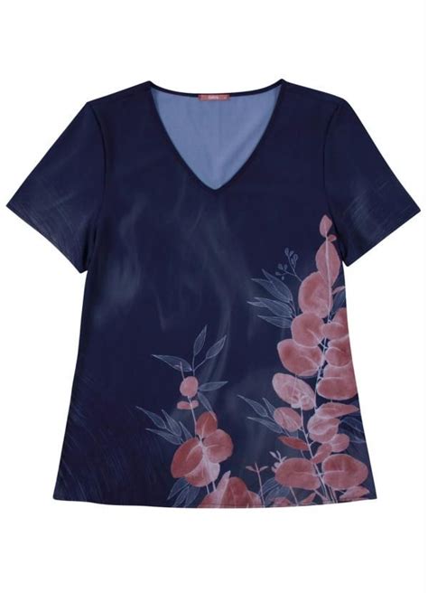 Gris Blusa Manga Curta Estampada Azul Blusa De Manga Curta