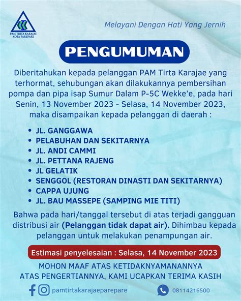 PAM Tirta Karajae Umumkan Distribusi Air Terganggu Di Beberapa Titik