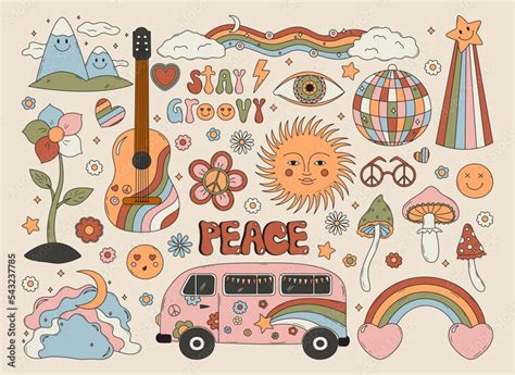 Stockvektorbilden Vector Set Of 60s And 70s Hippie Clipart