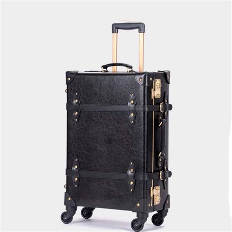 Letrend Retro Genuine Leather Black Rolling Luggage Spinner Women Trolley Suitcase Wheels 20