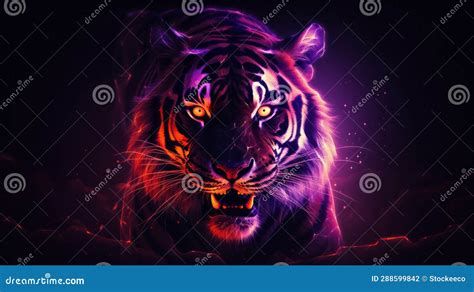 Glowing Golden Tiger Darkcore Neon Artwork With Dramatic Lighting