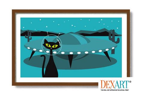 Atomic Space Cat Art Print, Mid Century Modern Art, Roswell UFO, Flying ...