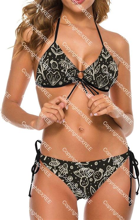 XREE Schwarzer Druck Bikini Badeanzug für Frauen Sexy Triangle Bikini Set Schnüren Zweiteilige