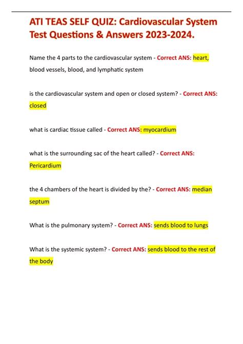 ATI TEAS SELF QUIZ Cardiovascular System Test Questions Answers