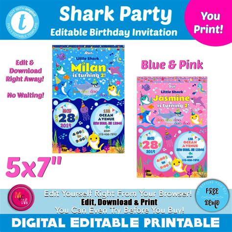 Editable Little Shark Birthday Invitation, Shark Party Invite, Shark P ...