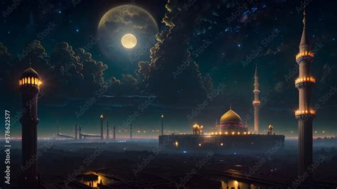 Islamic Masjid Mosque banner Night time moon Ramadan Eid Mubarak ...