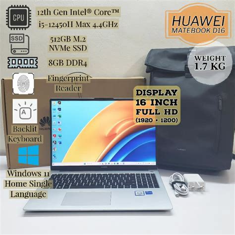 Huawei Matebook D16 12th Gen Core I5 8gb Ram 512gb Nvme Ssd Backlit Keyboard Fingerprint