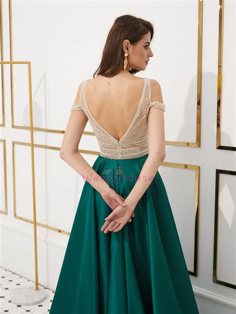 Beaded Green Long Prom Gown With Cold Sleeves On Storenvy