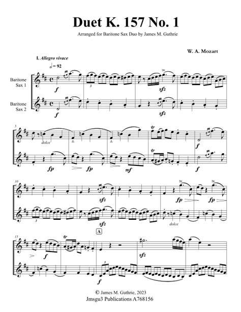 Mozart Duet K 157 No 1 For Baritone Sax Duo Arr James M Guthrie