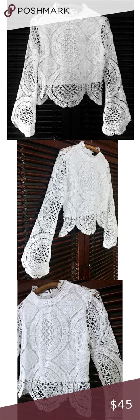 M Amazing Boho White Crochet Lace Crop Top Mock Neck Flare Sleeves