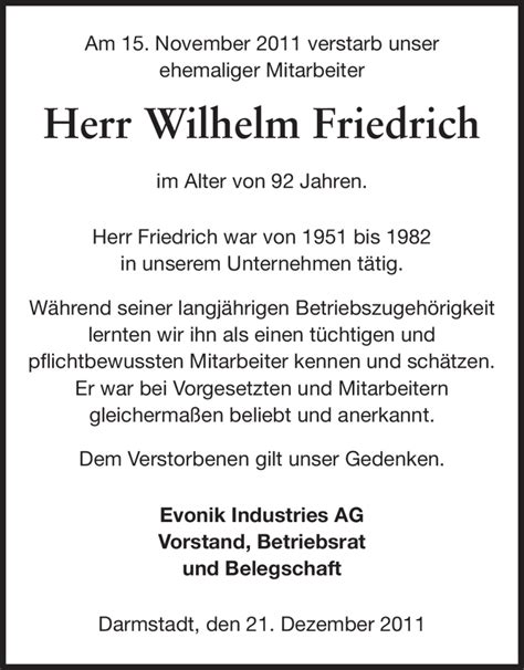 Traueranzeigen Von Wilhelm Friedrich Vrm Trauer De