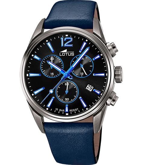 Montre Lotus Homme Cuir Bleu Cadran Noir Et Bleu Chrono