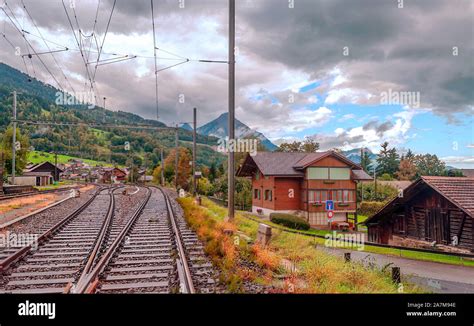 Train station in Lauterbrunnen in Switzerland on a cloudy day Stock ...